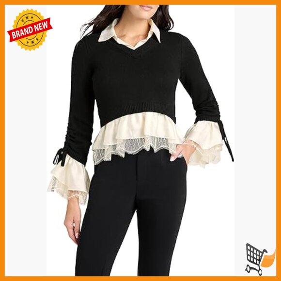 Long Sleeve Pullover Sweater with Collared V Neck and Ruffle Sleeves